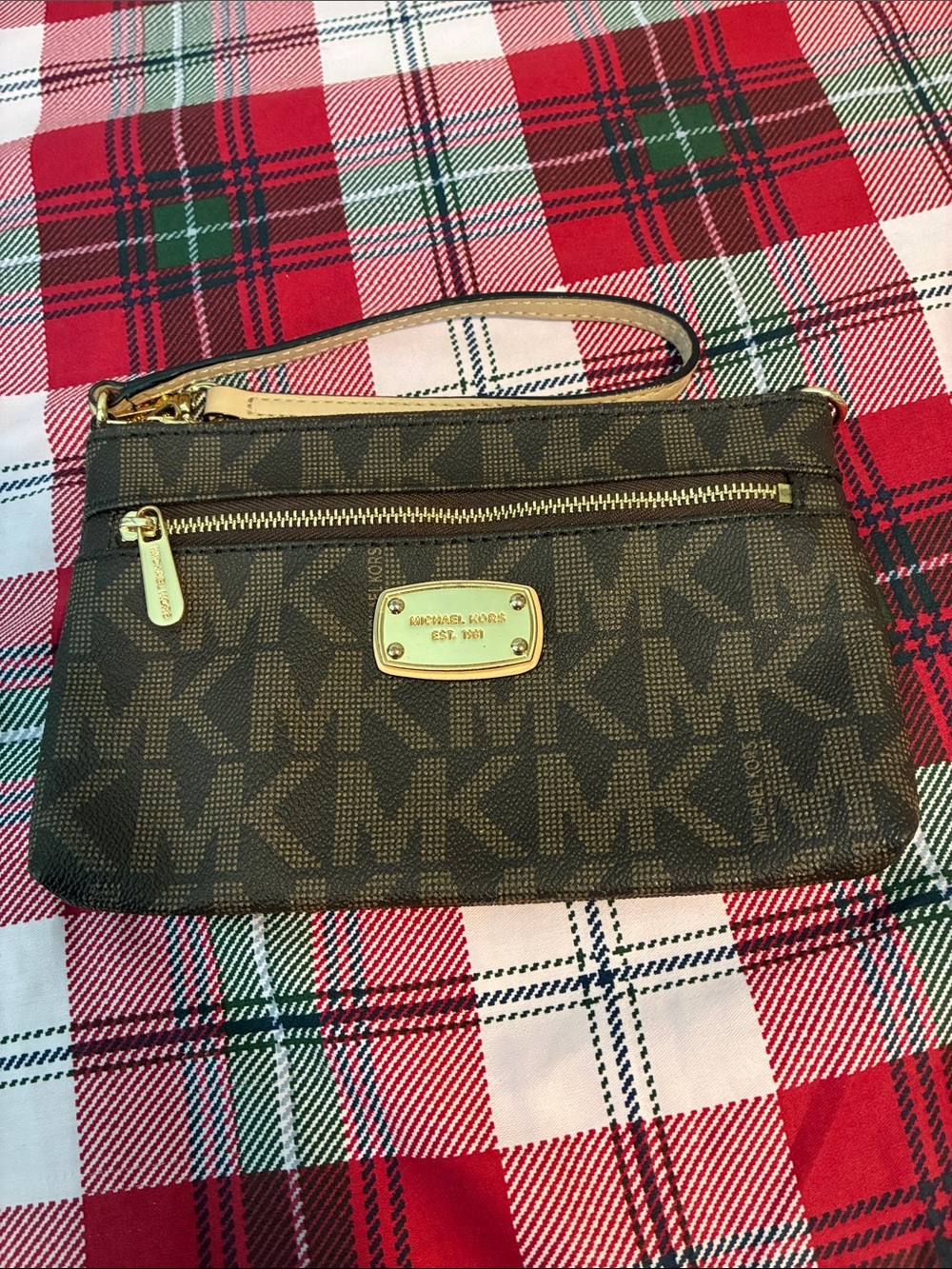 Michael Kors Brown Logo Wristlet with Gold Hardware